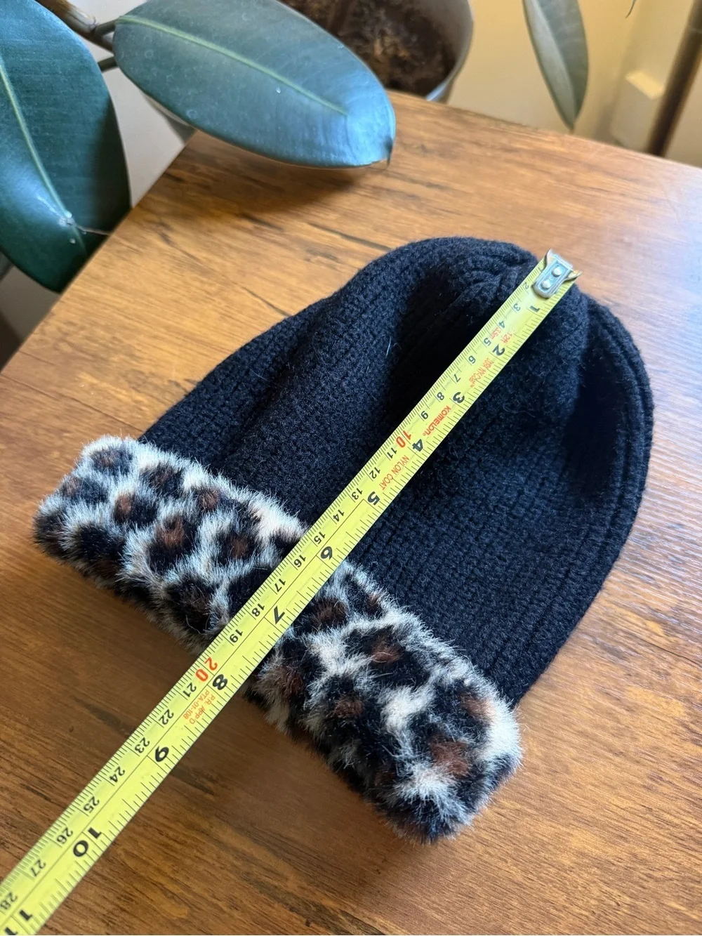 Black Beanie with Leopard Faux-Fur Cuff
